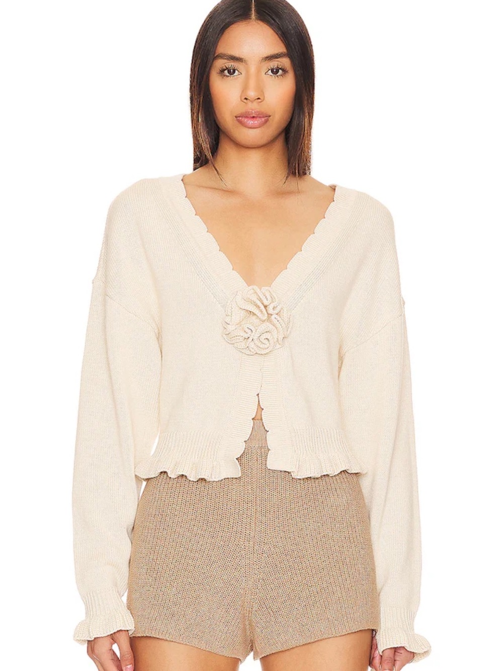 Tularosa Cream V-Neck Scallop Trim Knit Cardigan with Rosette